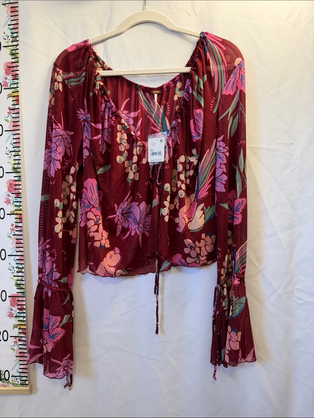 Free People NWT Of Paradise Mesh Floral Bell Sleeve Top XL